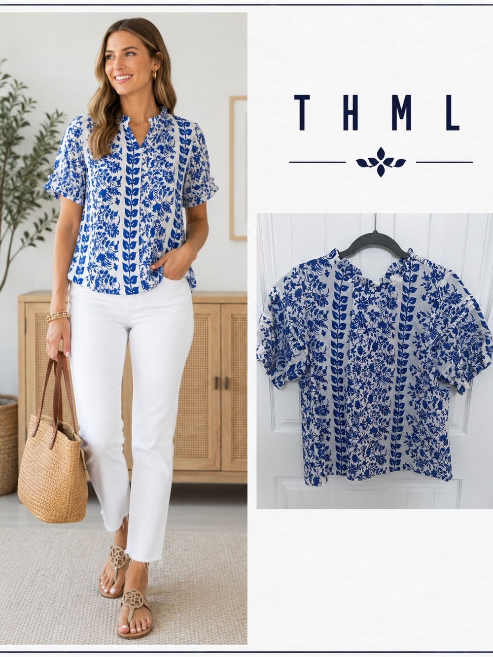 THML White Top with Blue Floral Print and Ruffle Sleeves